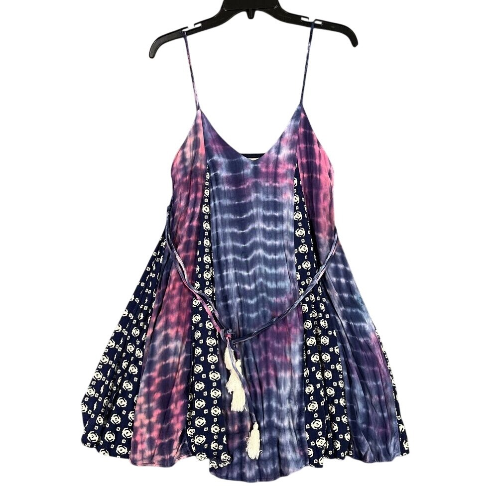 Entro Flared Dress Women's S Blue Sleeveless Short Dress Tie-Dye V-Neck Festival
